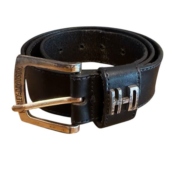 Harley Davidson Made in the USA Size 34 Genuine Cowhide Black Belt and Buckle - Picture 1 of 8